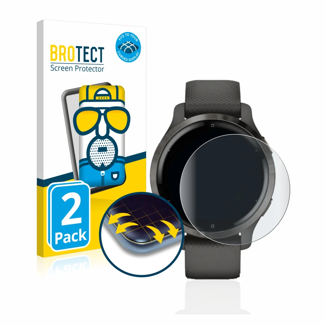 Front side of a product packaging with the brand logo BROTECT. Next to it is the device Garmin Venu 2S shown with the correspo