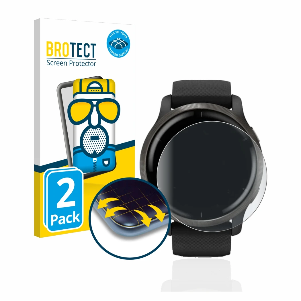 Front side of a product packaging with the brand logo BROTECT. Next to it is the device Garmin Venu 2 shown with the correspon
