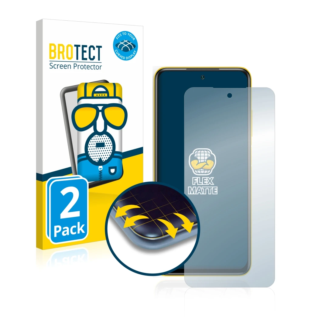Front side of a product packaging with the brand logo BROTECT. Next to it is the device Xiaomi Poco M3 Pro 5G shown with the c