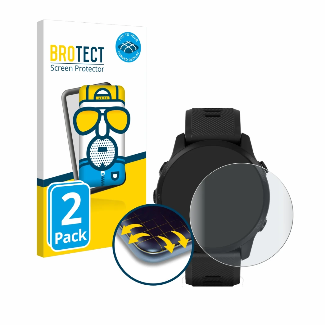 Front side of a product packaging with the brand logo BROTECT. Next to it is the device Garmin Forerunner 945 LTE shown with t