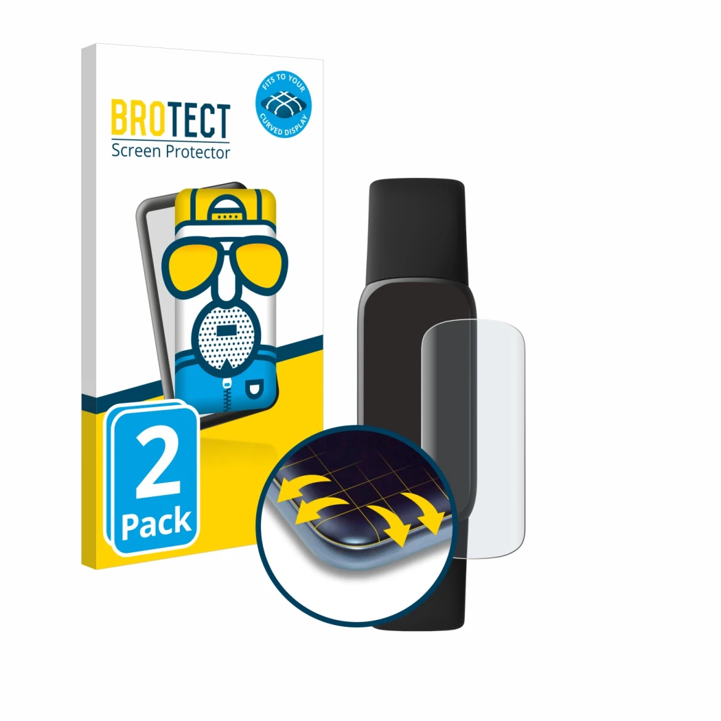 Front side of a product packaging with the brand logo BROTECT. Next to it is the device Fitbit Luxe shown with the correspondi