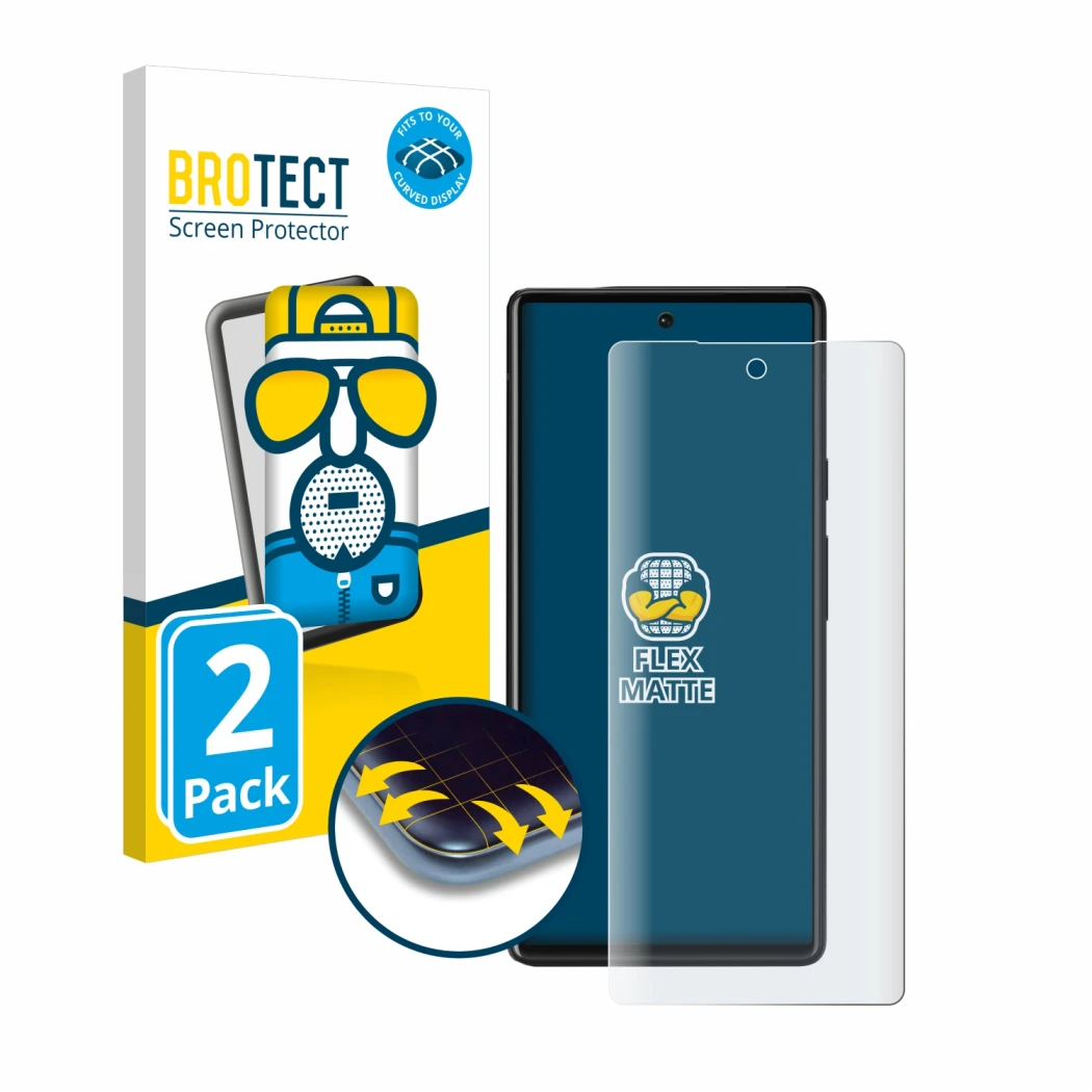 Front side of a product packaging with the brand logo BROTECT. Next to it is the device Google Pixel 6 shown with the correspo