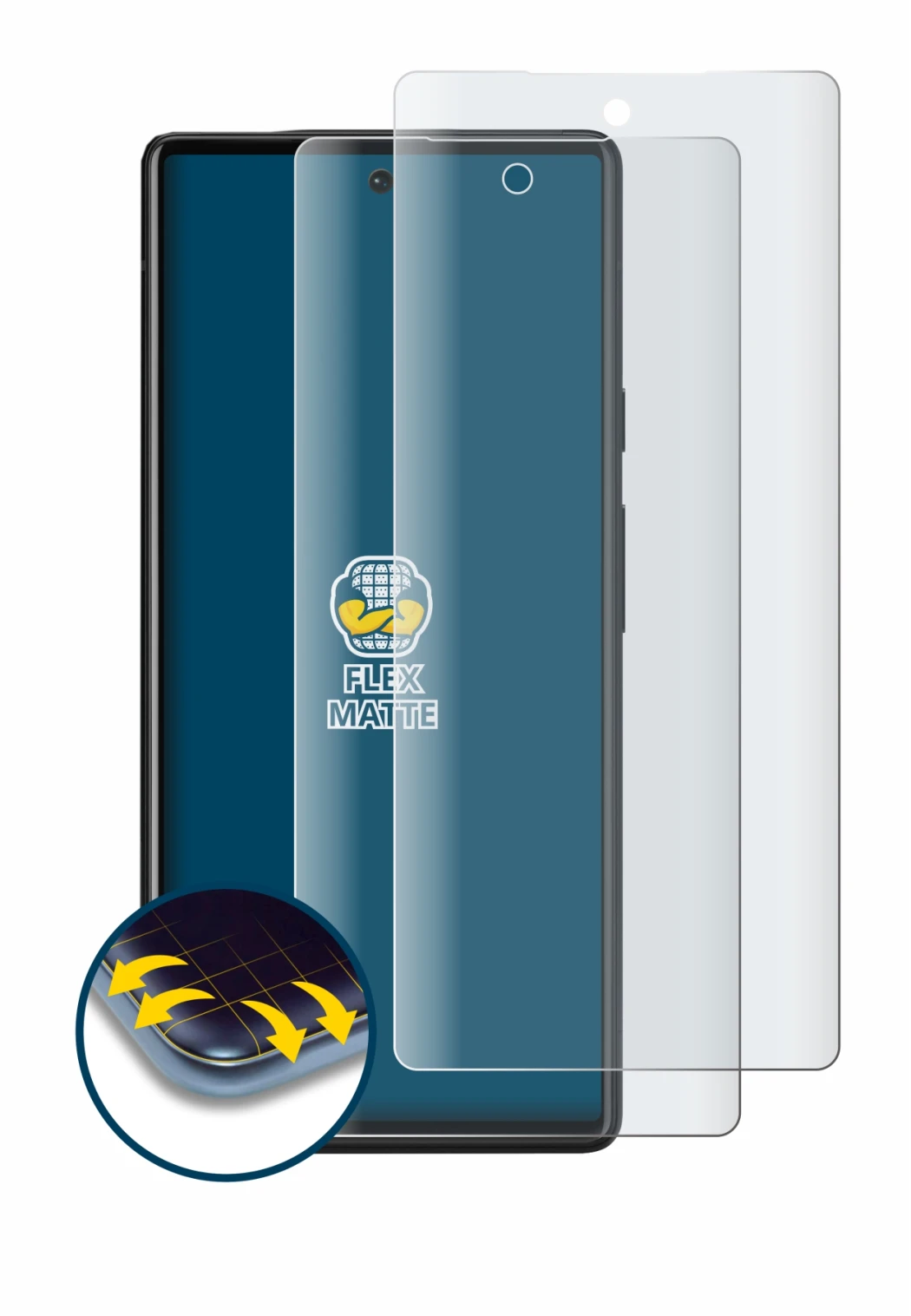 Image of the device Google Pixel 6 with a wide variety of screen protectors.