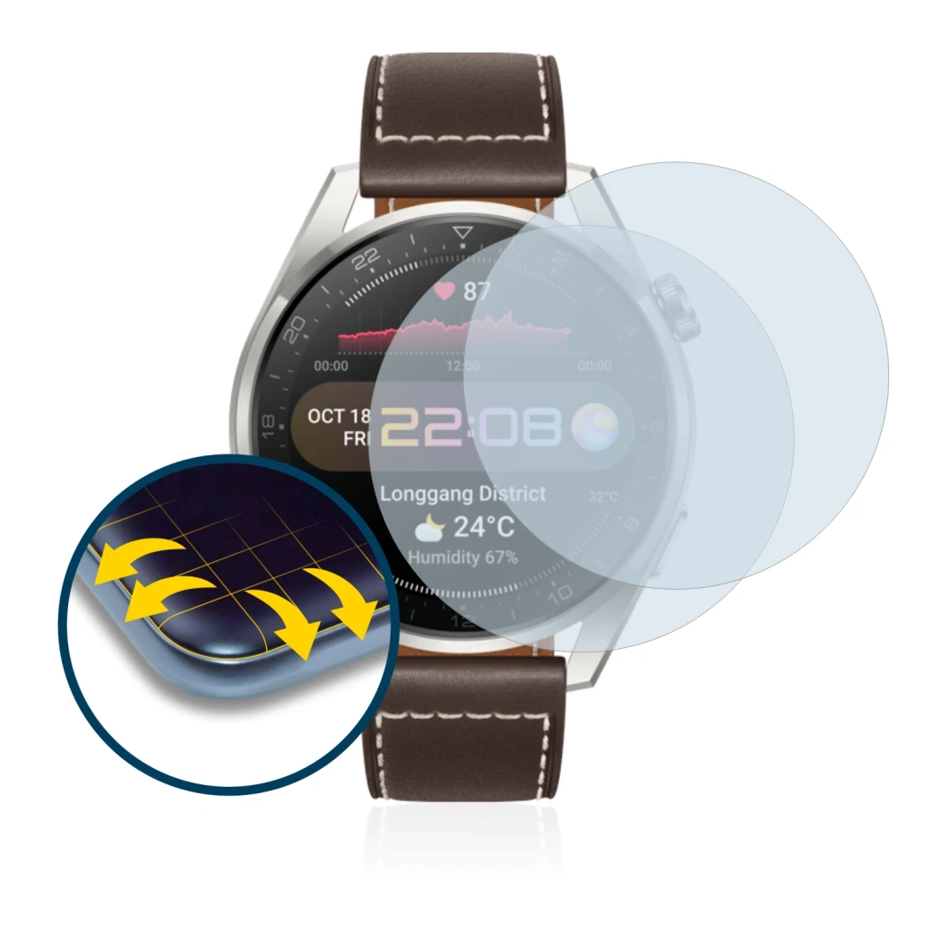 Image of the device Huawei Watch 3 Pro with a wide variety of screen protectors.