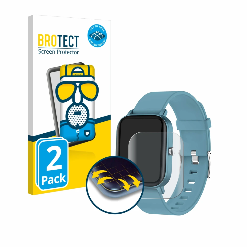 Front side of a product packaging with the brand logo BROTECT. Next to it is the device Pubu Smartwatch shown with the corresp