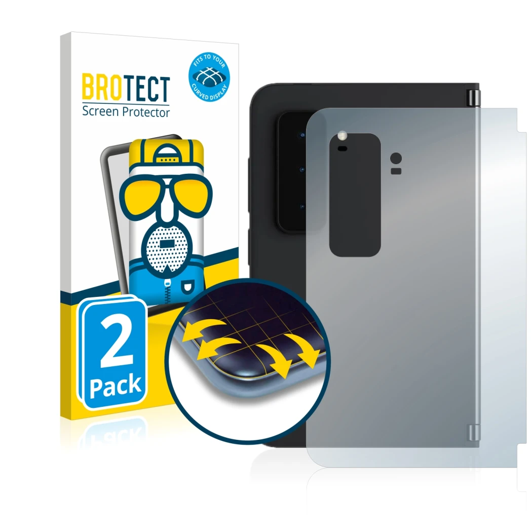 Front side of a product packaging with the brand logo BROTECT. Next to it is the device Microsoft Surface Duo 2 (Back) shown w