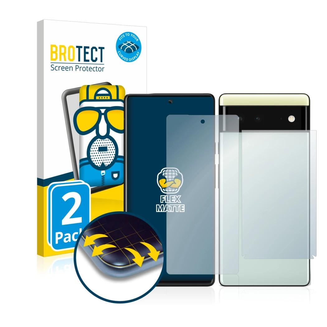 Front side of a product packaging with the brand logo BROTECT. Next to it is the device Google Pixel 6 (Front+Back) shown with