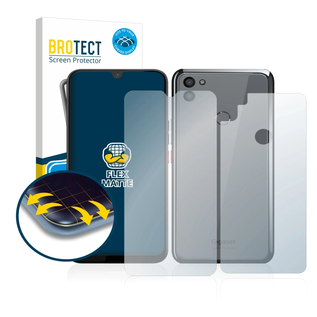 Front side of a product packaging with the brand logo BROTECT. Next to it is the device Gigaset GS5 (Front+Back) shown with th