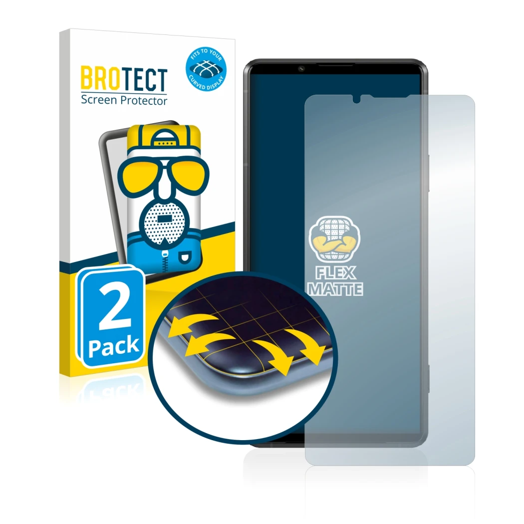 Front side of a product packaging with the brand logo BROTECT. Next to it is the device Sony Xperia Pro-I shown with the corre