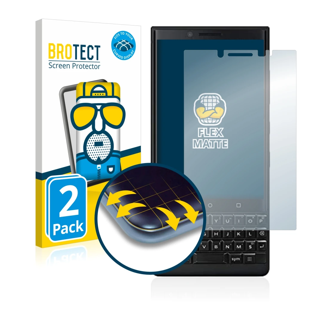 Front side of a product packaging with the brand logo BROTECT. Next to it is the device BlackBerry Key2 (Dual Sim) shown with