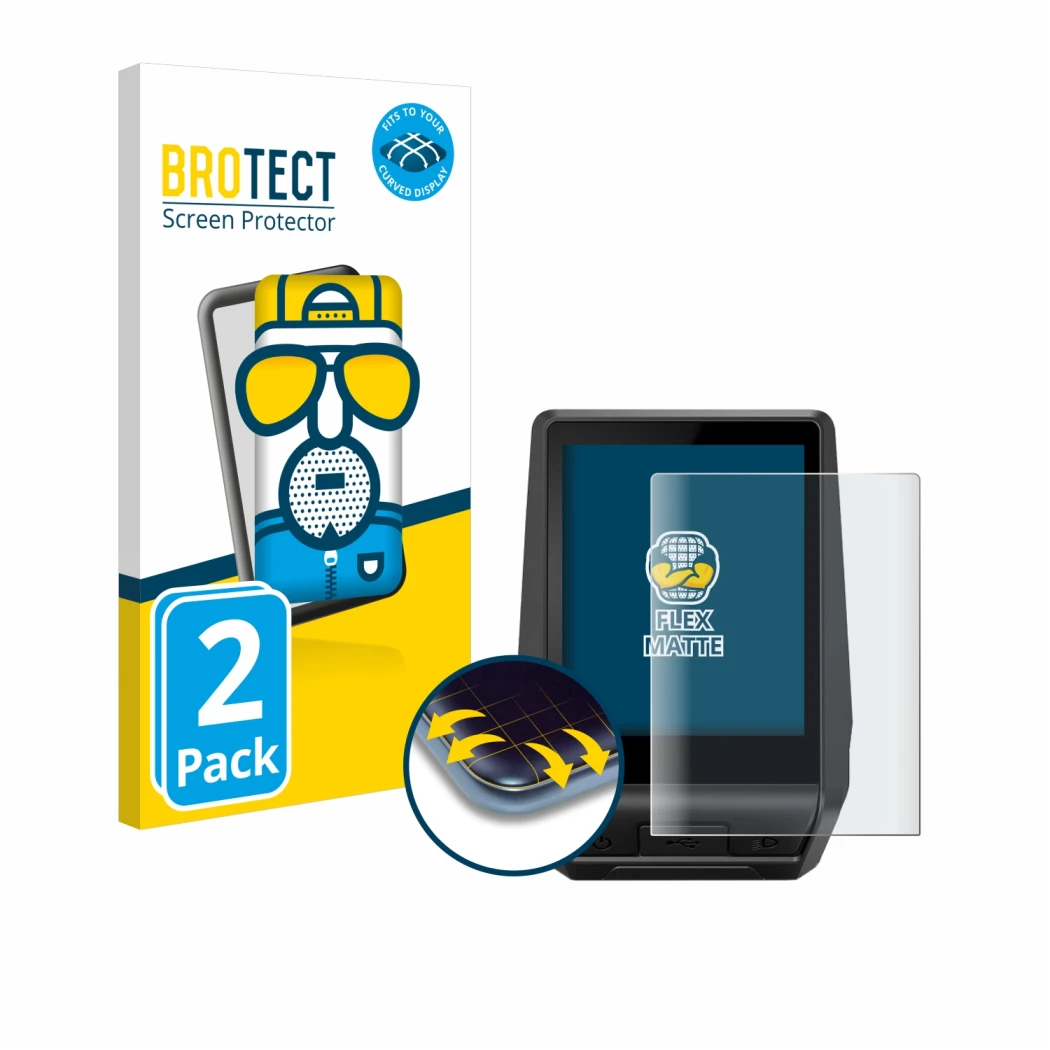 Front side of a product packaging with the brand logo BROTECT. Next to it is the device Bosch Nyon 2 2021 shown with the corre