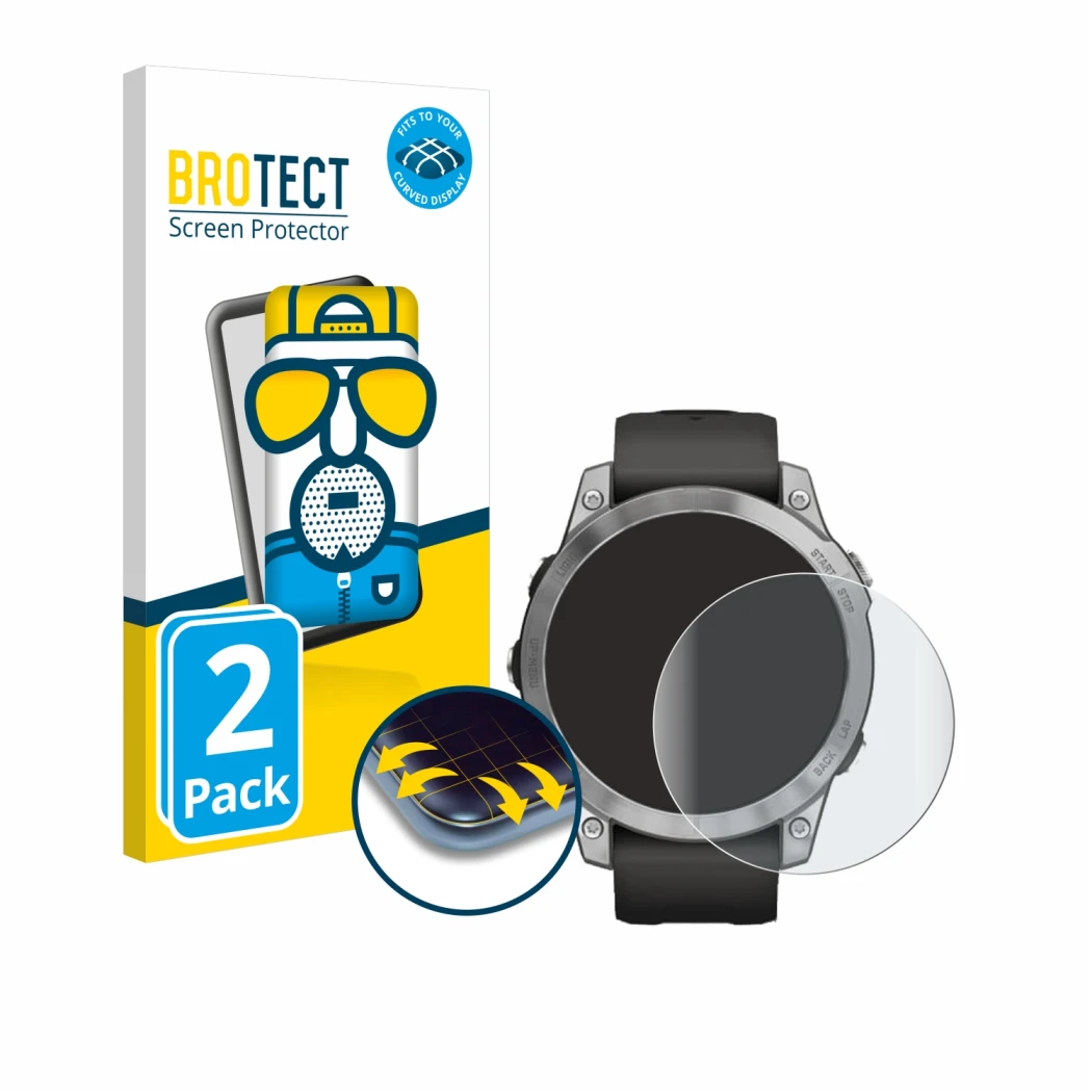 Front side of a product packaging with the brand logo BROTECT. Next to it is the device Garmin Fenix 7 (47 mm) shown with the 