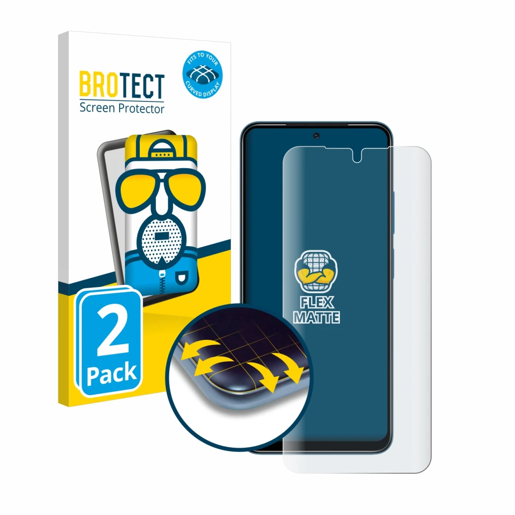 Front side of a product packaging with the brand logo BROTECT. Next to it is the device Xiaomi Redmi Note 11 shown with the co