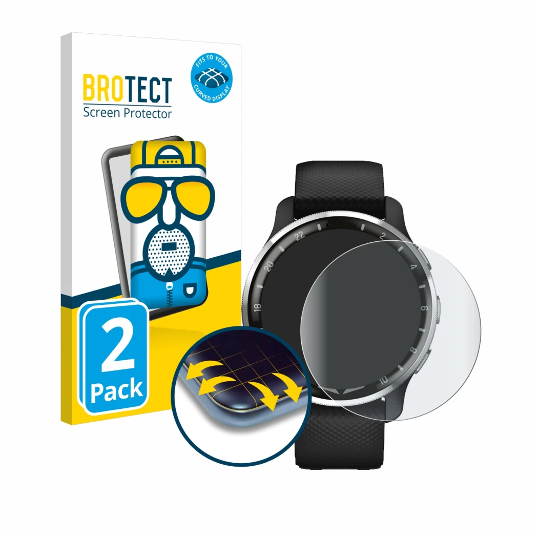 Front side of a product packaging with the brand logo BROTECT. Next to it is the device Garmin D2 Air X10 shown with the corre