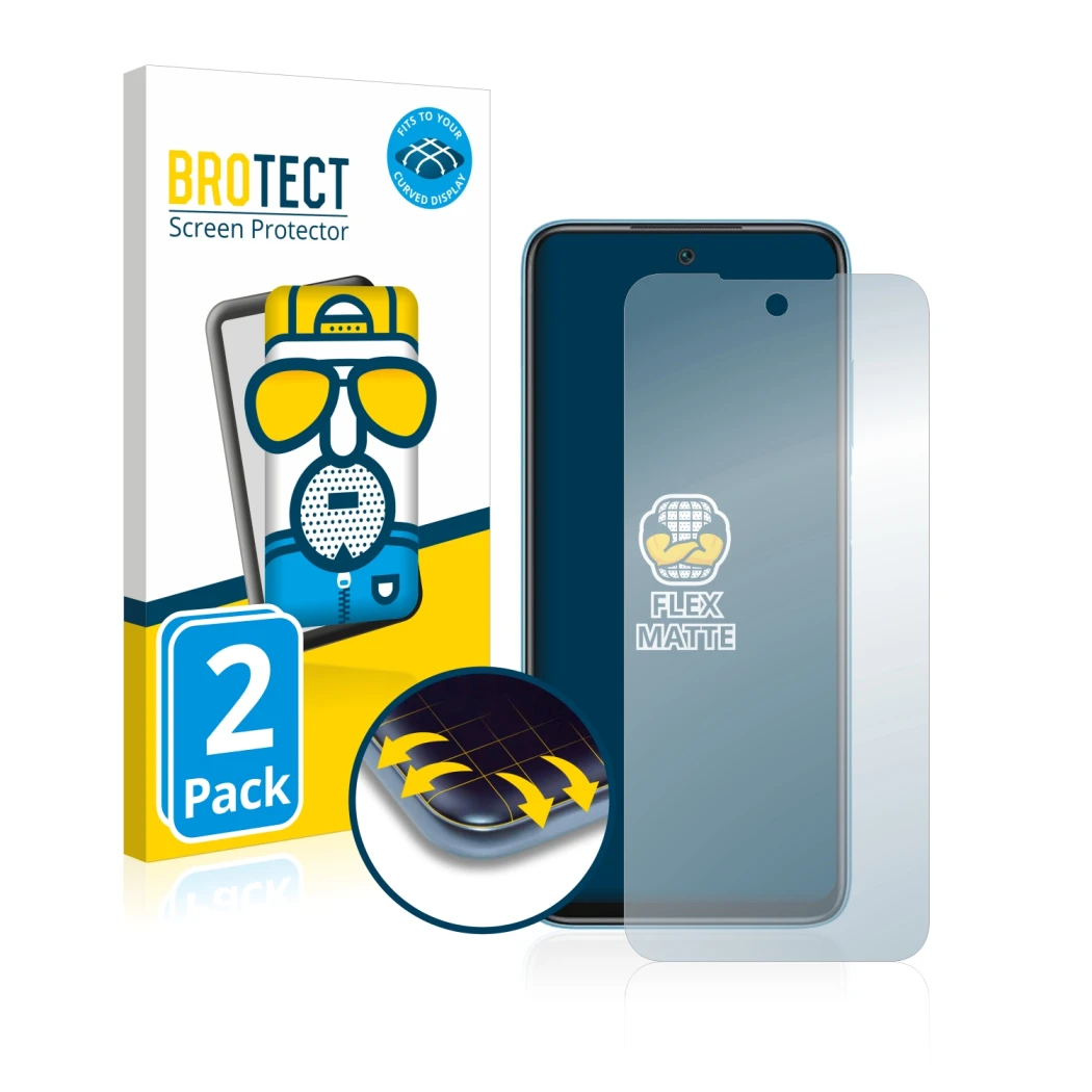Front side of a product packaging with the brand logo BROTECT. Next to it is the device Xiaomi Redmi 10 (2022) shown with the 