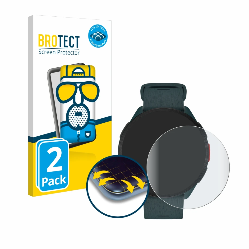 Front side of a product packaging with the brand logo BROTECT. Next to it is the device Polar Pacer shown with the correspondi