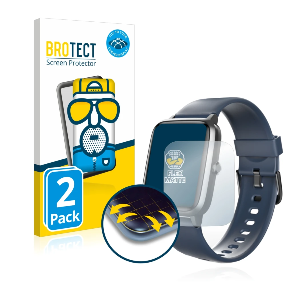 Front side of a product packaging with the brand logo BROTECT. Next to it is the device Hama Fit Watch 4900 shown with the cor