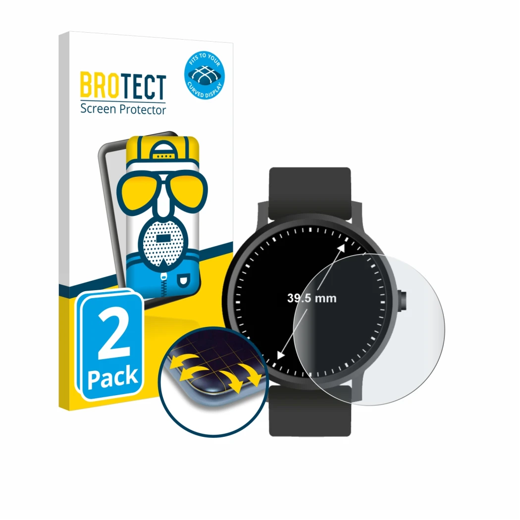 Front side of a product packaging with the brand logo BROTECT. Next to it is the device Watches (Circular, ø: 39.5 mm) shown w