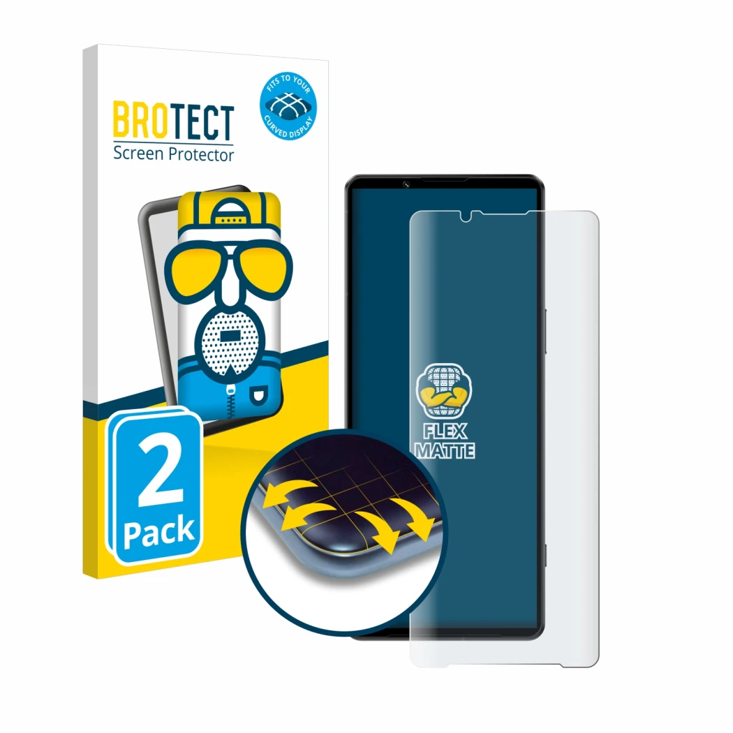 Front side of a product packaging with the brand logo BROTECT. Next to it is the device Sony Xperia 1 IV shown with the corres