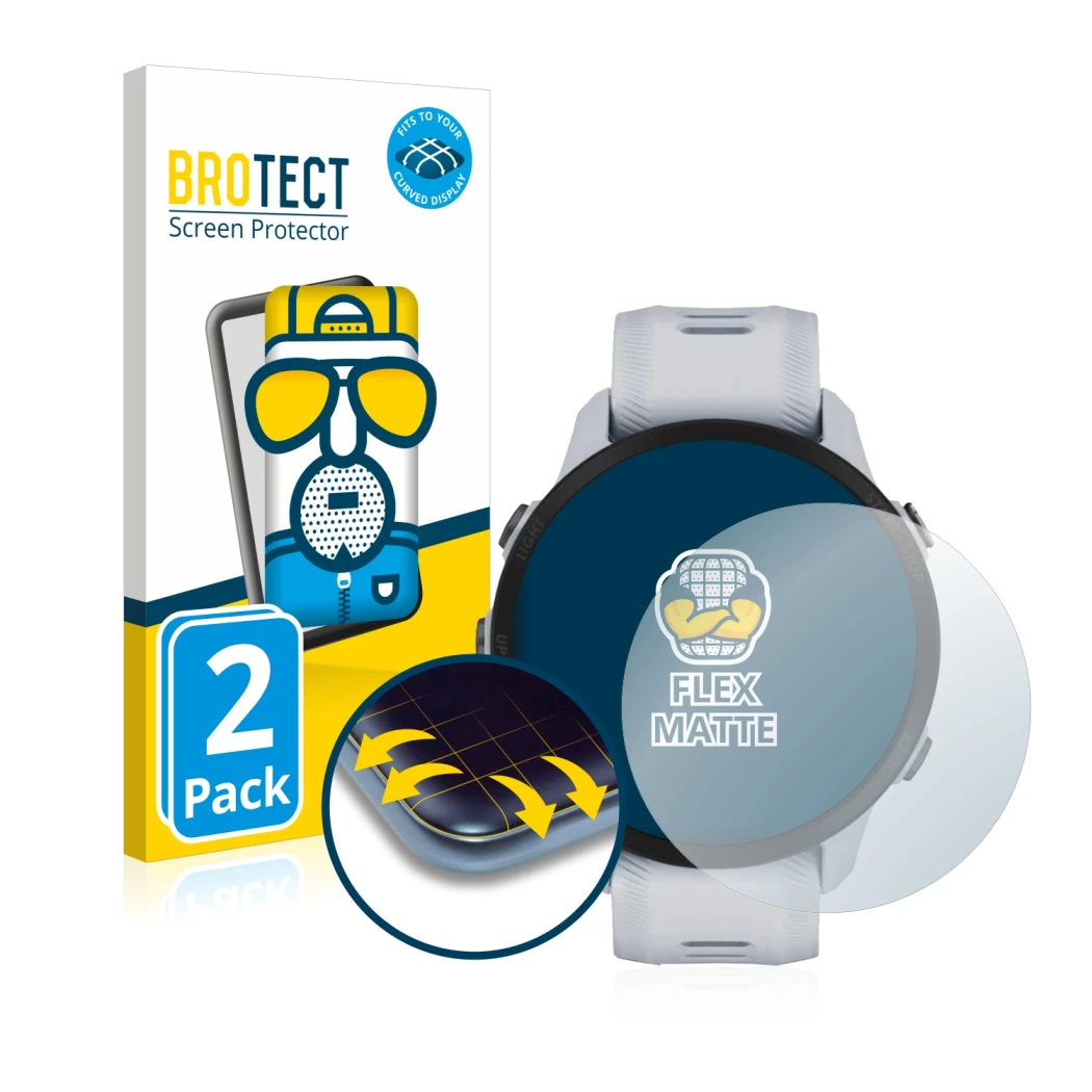 Front side of a product packaging with the brand logo BROTECT. Next to it is the device Garmin Forerunner 955 shown with the c