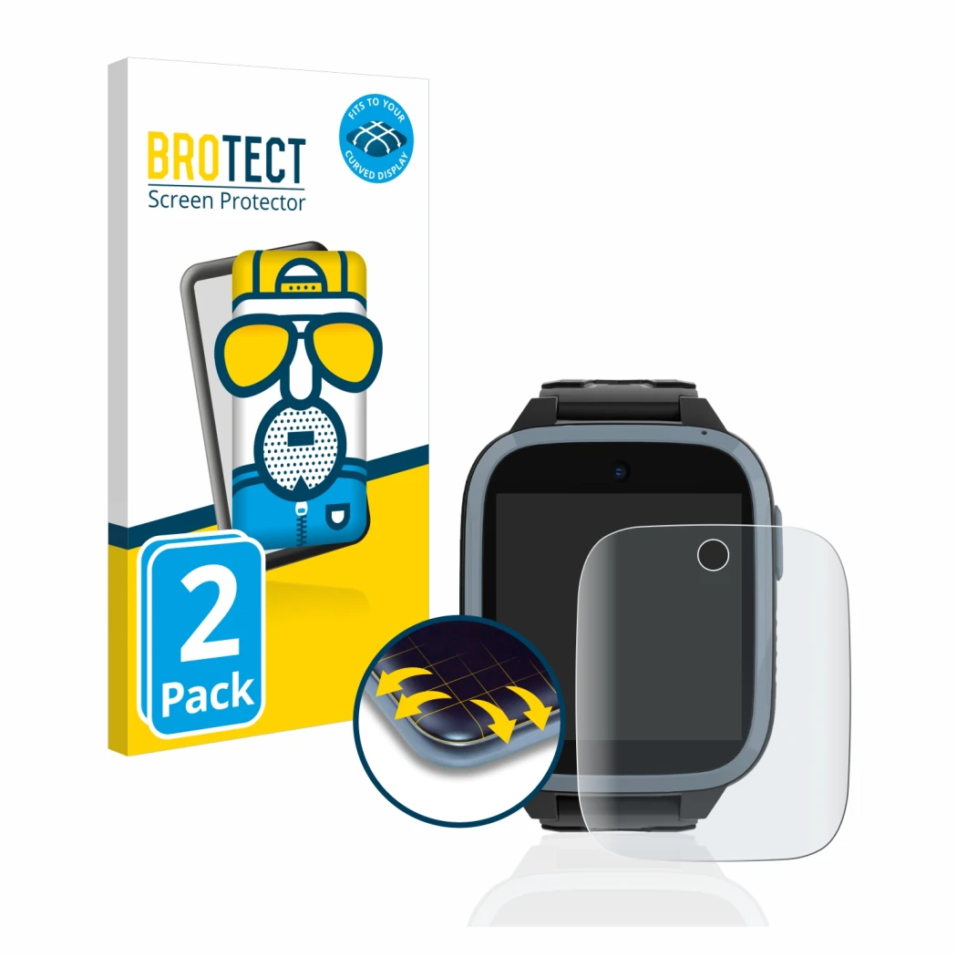 Front side of a product packaging with the brand logo BROTECT. Next to it is the device Xplora XGO3 (1st Gen.) shown with the 