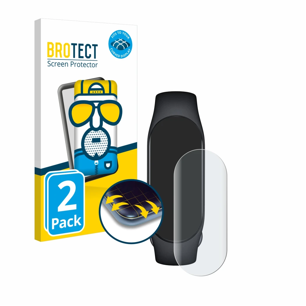 Front side of a product packaging with the brand logo BROTECT. Next to it is the device Xiaomi Smart Band 7 shown with the cor