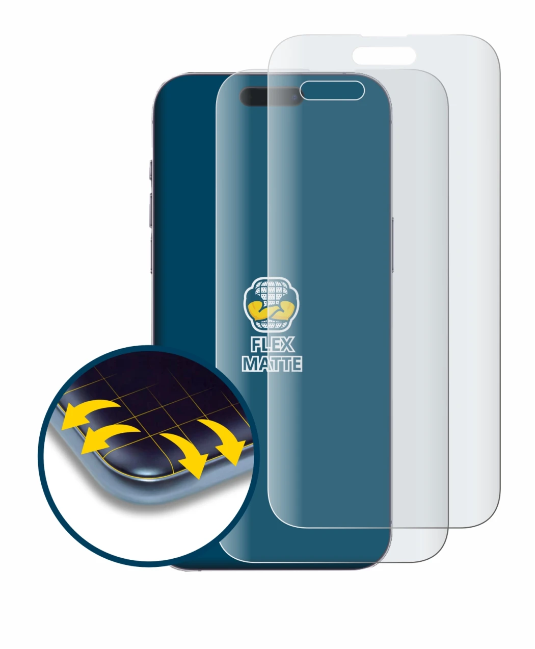 Image of the device Apple iPhone 14 Pro Max with a wide variety of screen protectors.