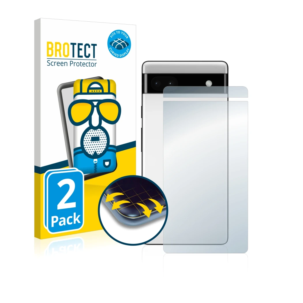 Front side of a product packaging with the brand logo BROTECT. Next to it is the device Google Pixel 6a (Back) shown with the 