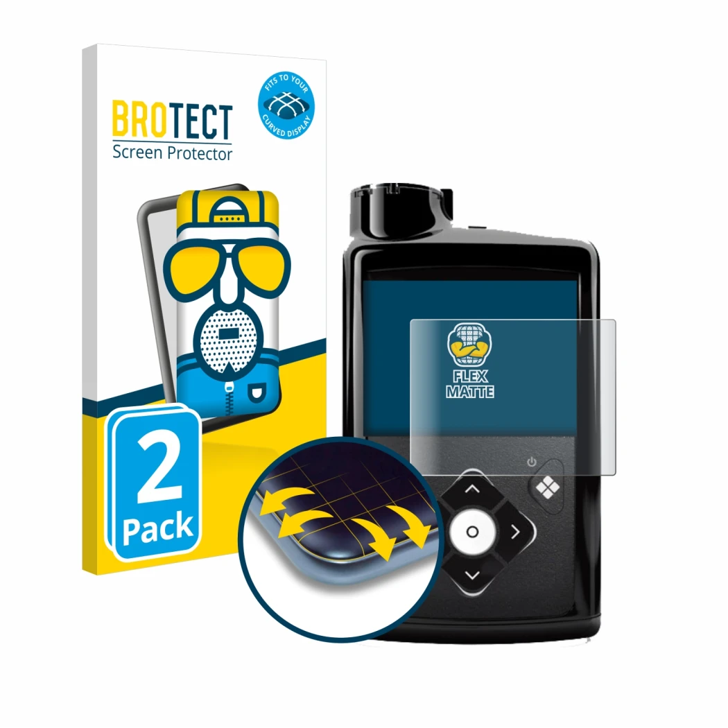 Front side of a product packaging with the brand logo BROTECT. Next to it is the device Medtronic Minimed 780G shown with the 