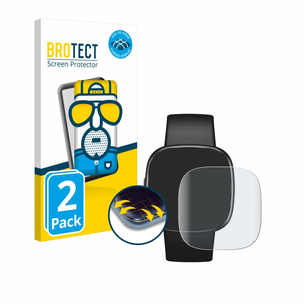 Front side of a product packaging with the brand logo BROTECT. Next to it is the device Fitbit Versa 4 shown with the correspo