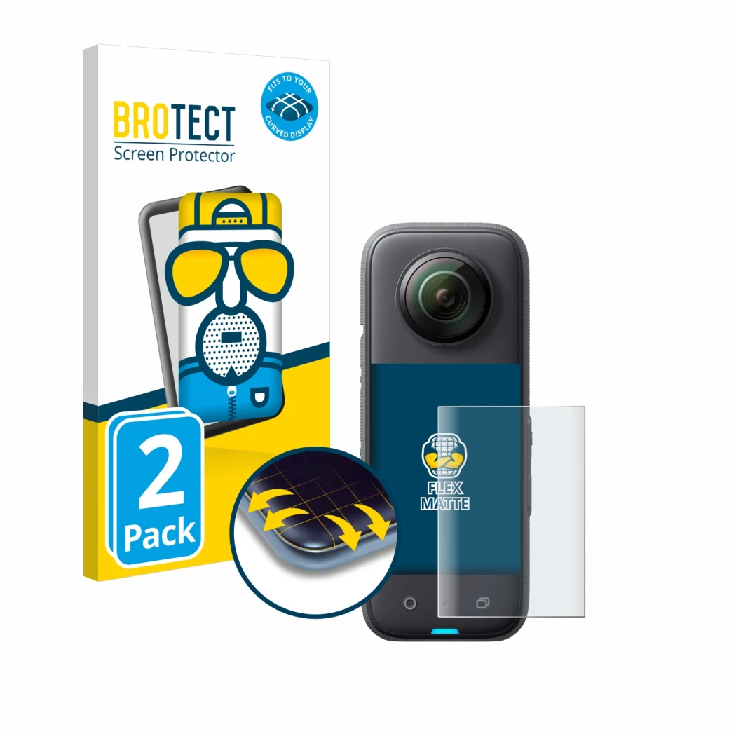 Front side of a product packaging with the brand logo BROTECT. Next to it is the device Insta360 X3 shown with the correspondi