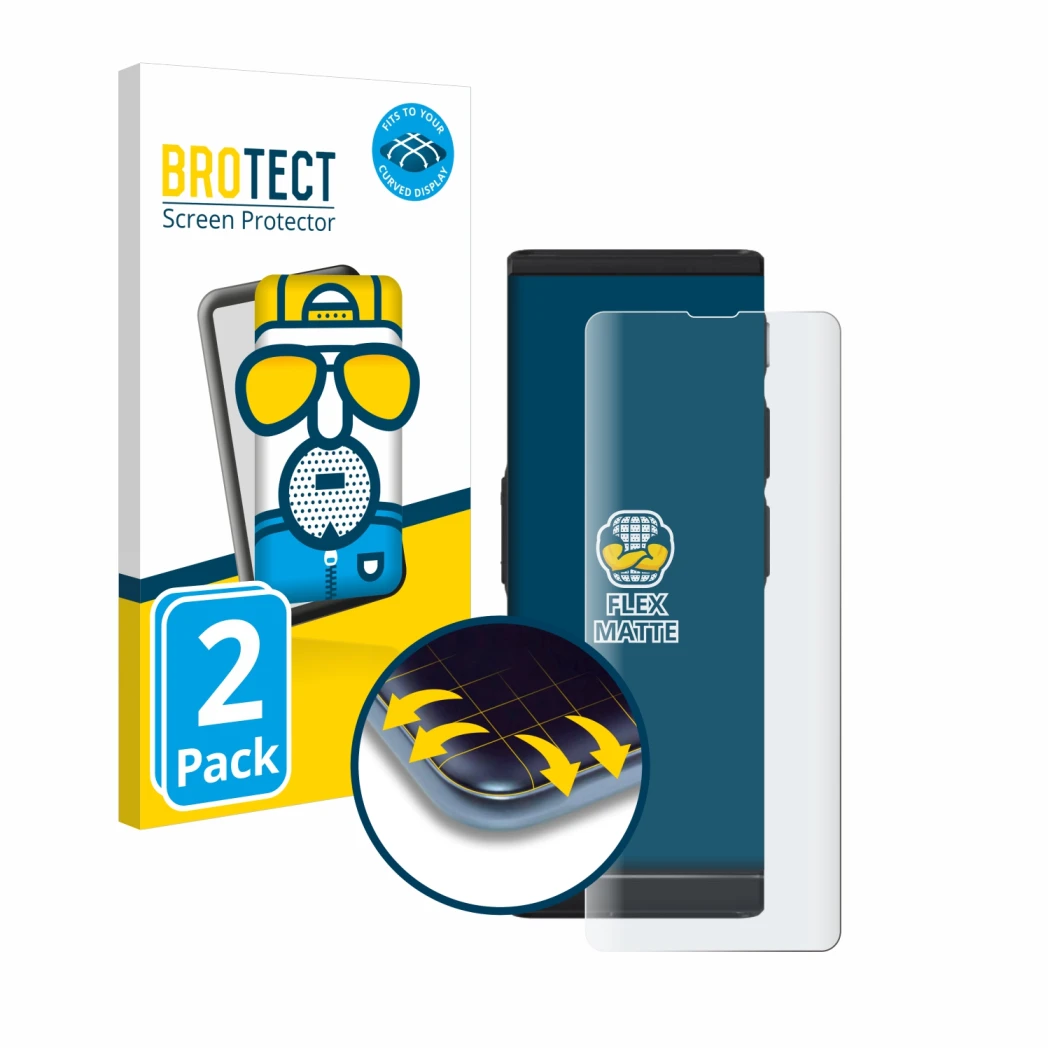 Front side of a product packaging with the brand logo BROTECT. Next to it is the device Vasco Translator V4 shown with the cor