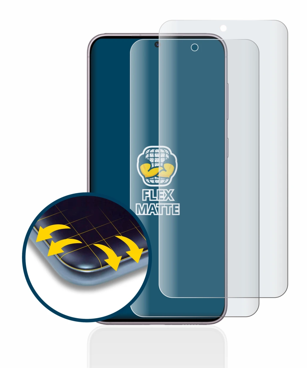 Image of the device Samsung Galaxy S23 with a wide variety of screen protectors.