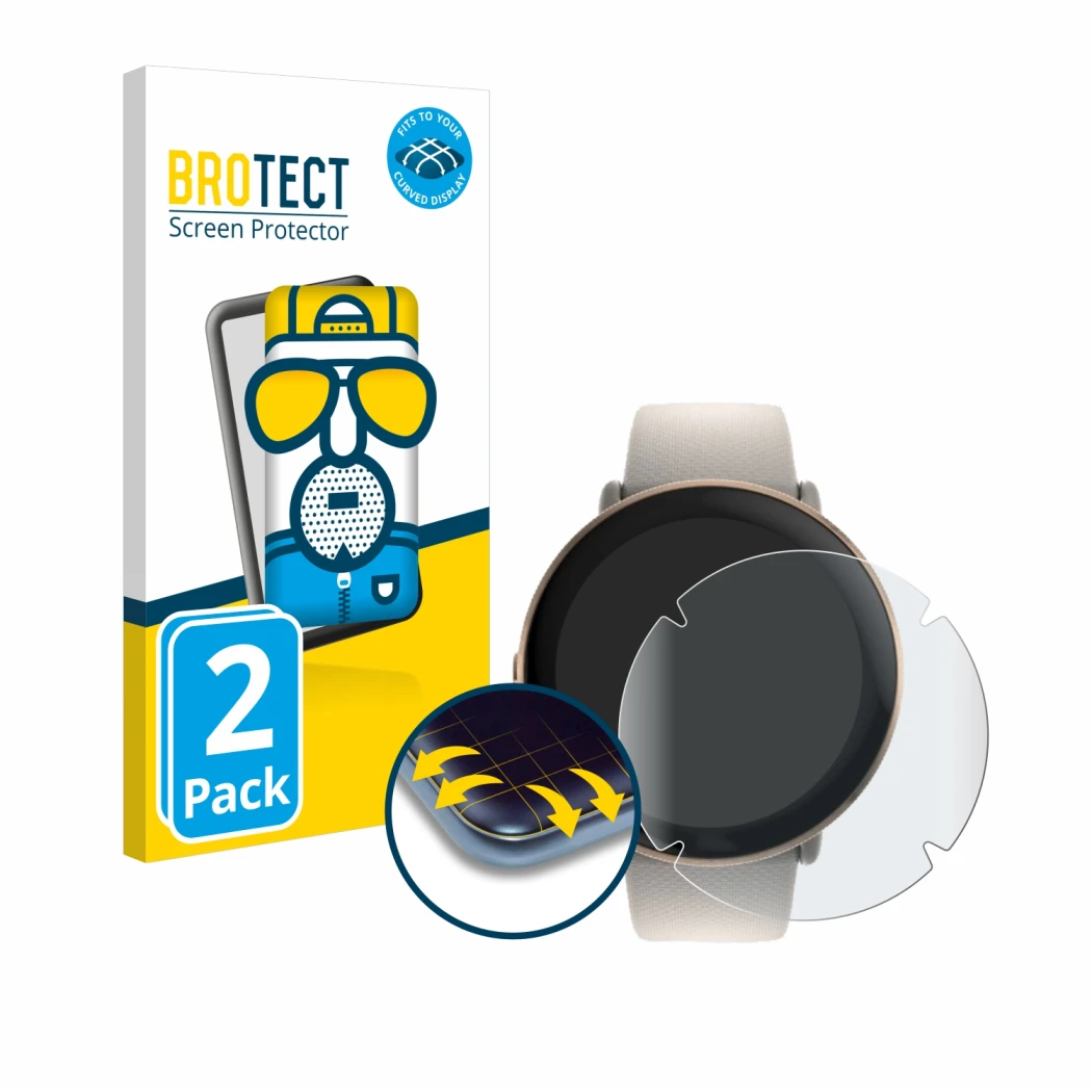 Front side of a product packaging with the brand logo BROTECT. Next to it is the device Polar Ignite 3 shown with the correspo