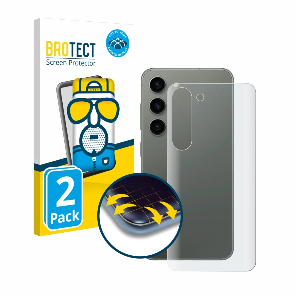 Front side of a product packaging with the brand logo BROTECT. Next to it is the device Samsung Galaxy S23 (Back) shown with t