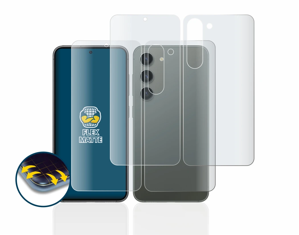 Image of the device Samsung Galaxy S23 (Front+Back) with a wide variety of screen protectors.