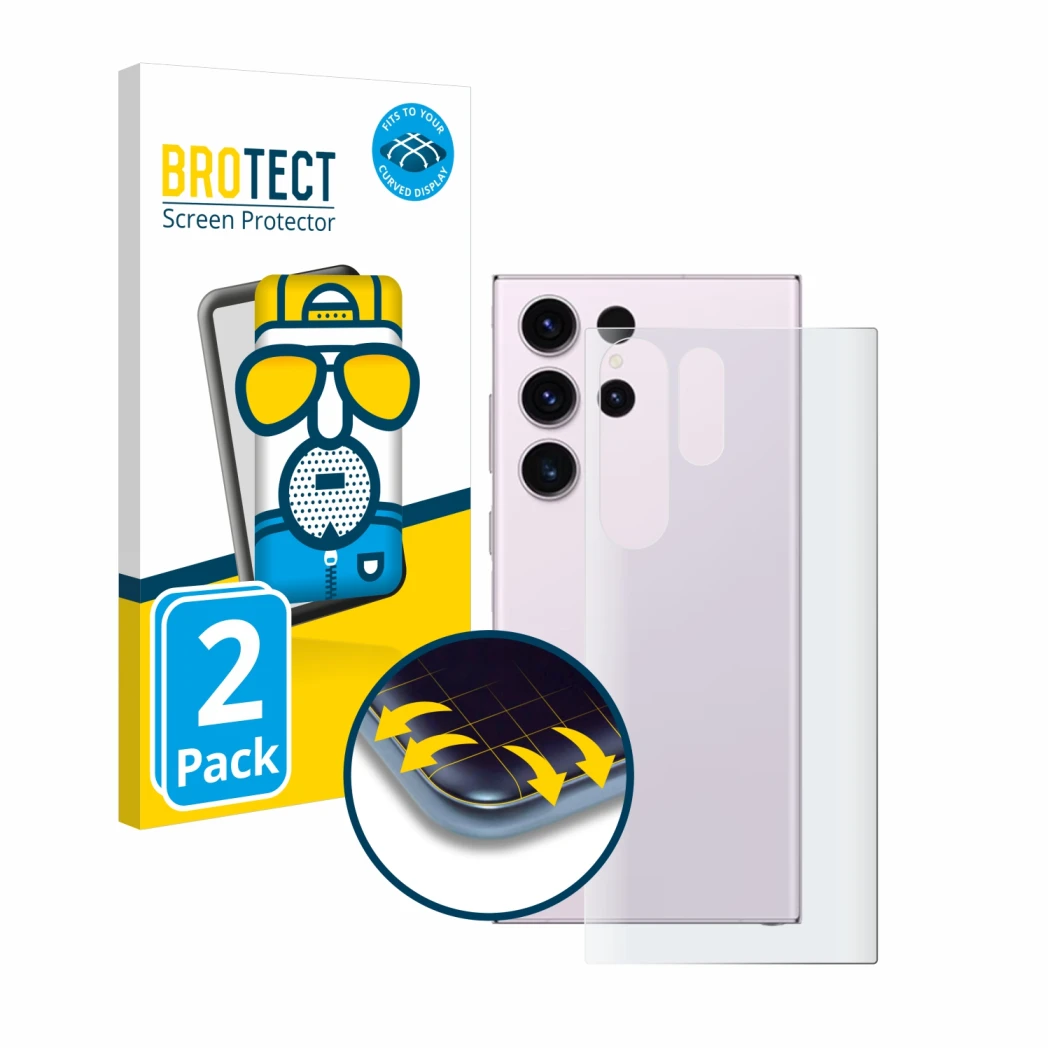 Front side of a product packaging with the brand logo BROTECT. Next to it is the device Samsung Galaxy S23 Ultra (Back) shown 