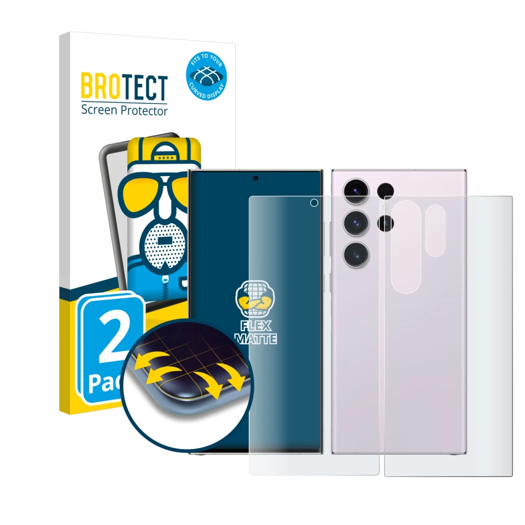 Front side of a product packaging with the brand logo BROTECT. Next to it is the device Samsung Galaxy S23 Ultra (Front+Back) 