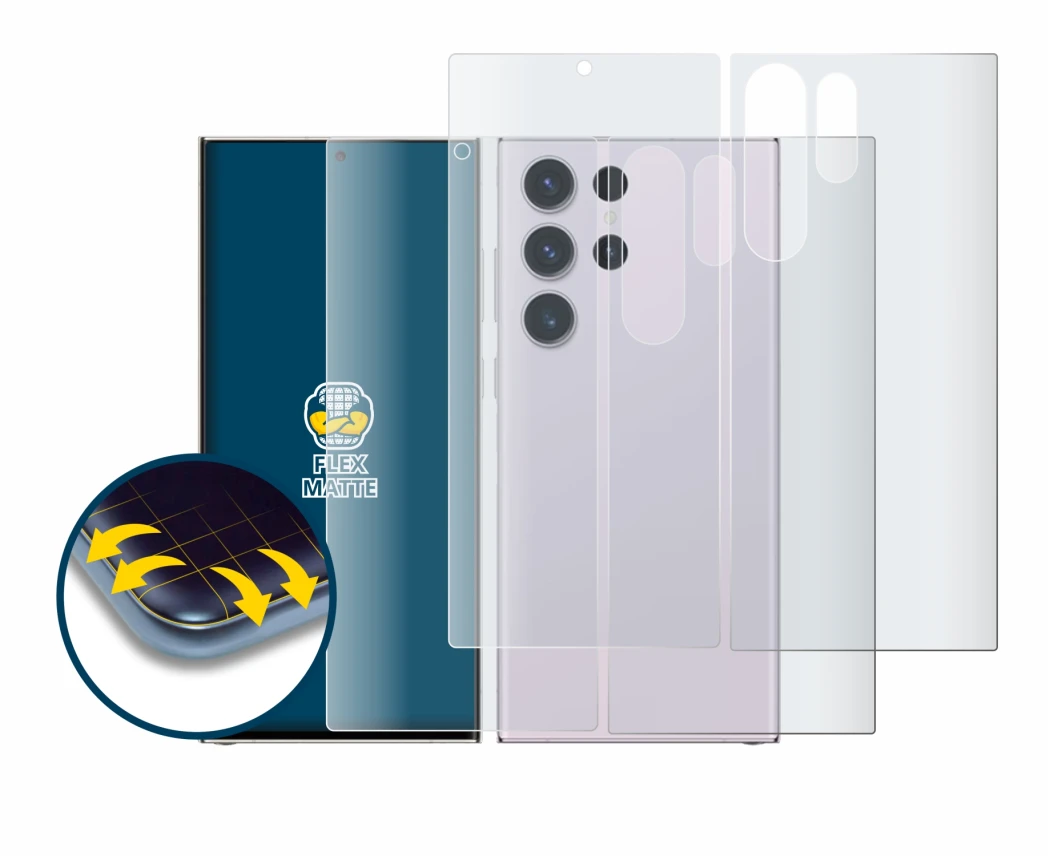 Image of the device Samsung Galaxy S23 Ultra (Front+Back) with a wide variety of screen protectors.