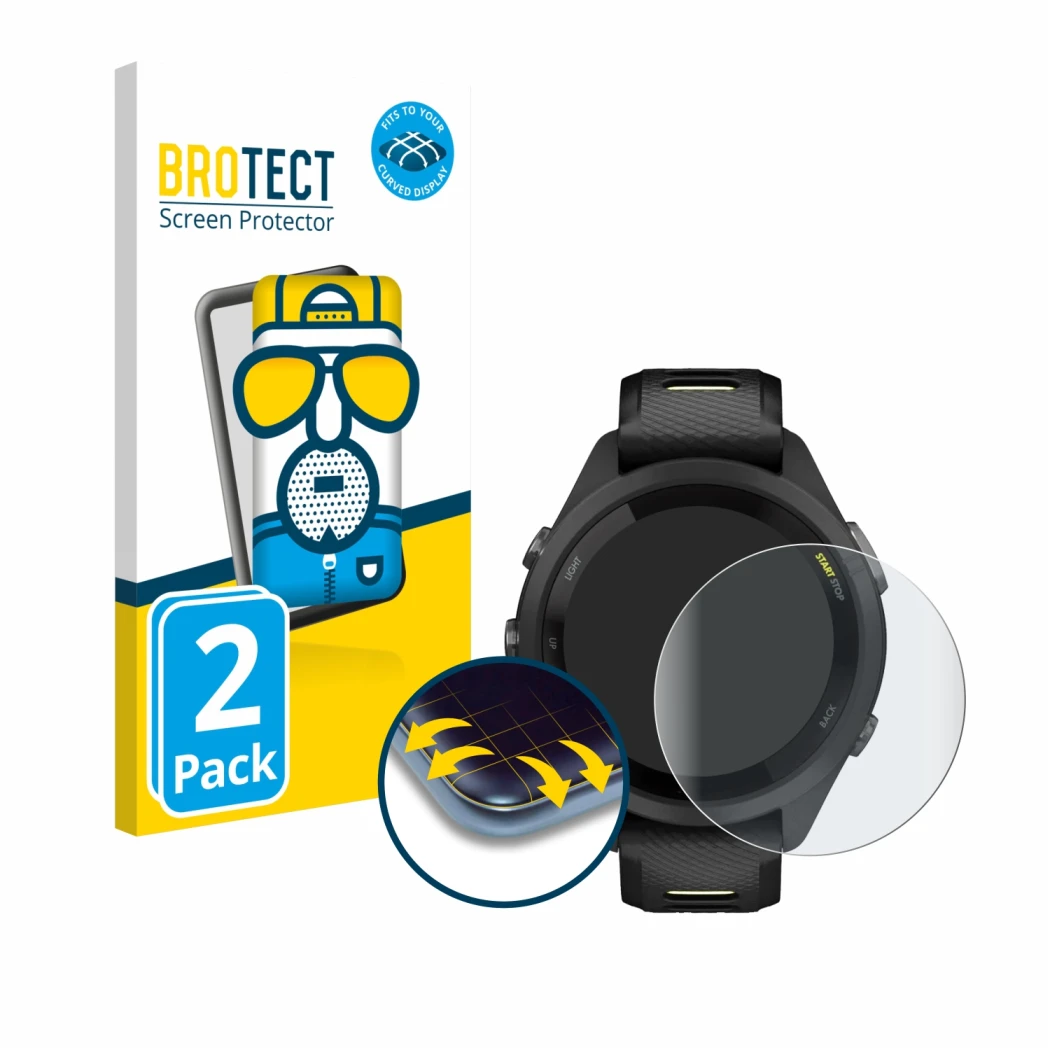 Front side of a product packaging with the brand logo BROTECT. Next to it is the device Garmin Forerunner 265S (42 mm) shown w