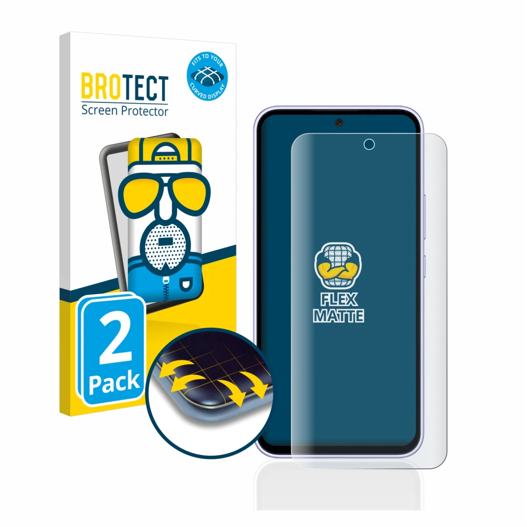 Front side of a product packaging with the brand logo BROTECT. Next to it is the device Samsung Galaxy A54 5G shown with the c