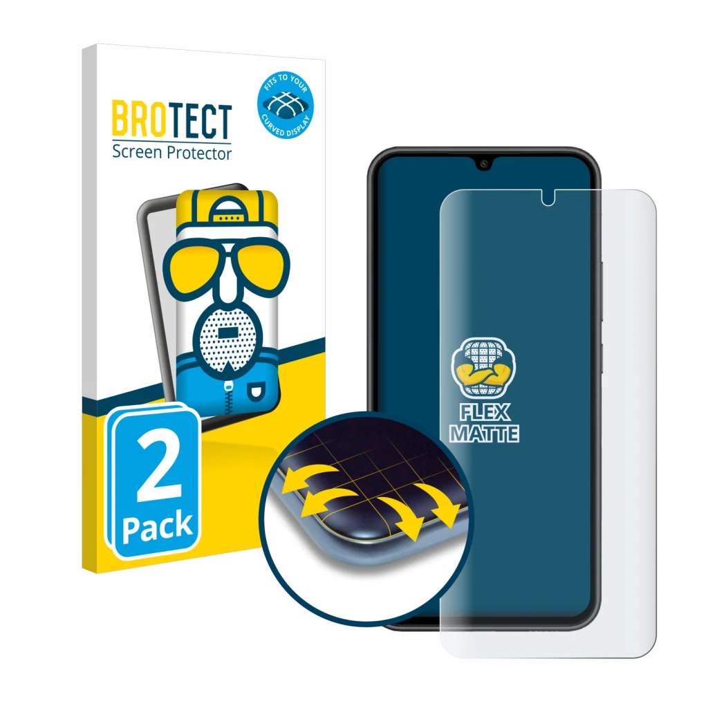 Front side of a product packaging with the brand logo BROTECT. Next to it is the device Samsung Galaxy A34 5G shown with the c