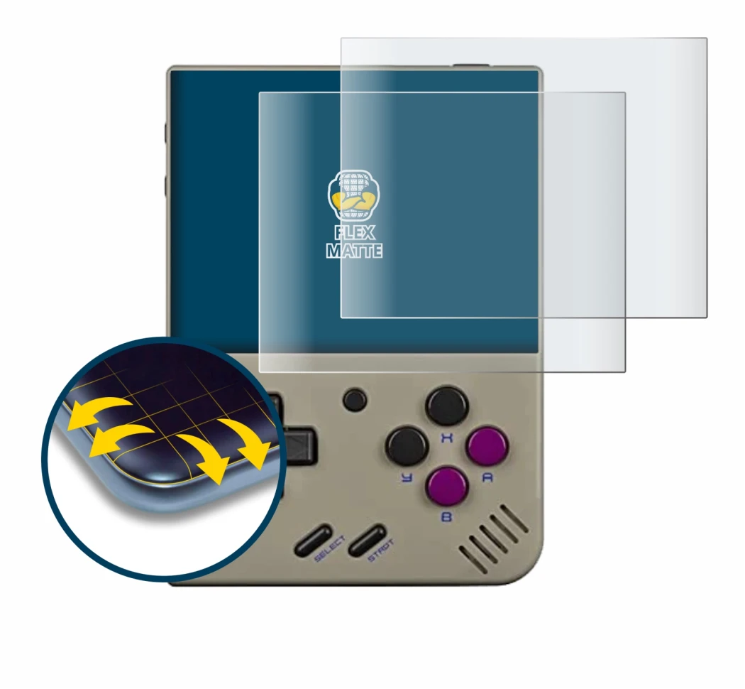 Image of the device Miyoo Mini Plus with a wide variety of screen protectors.