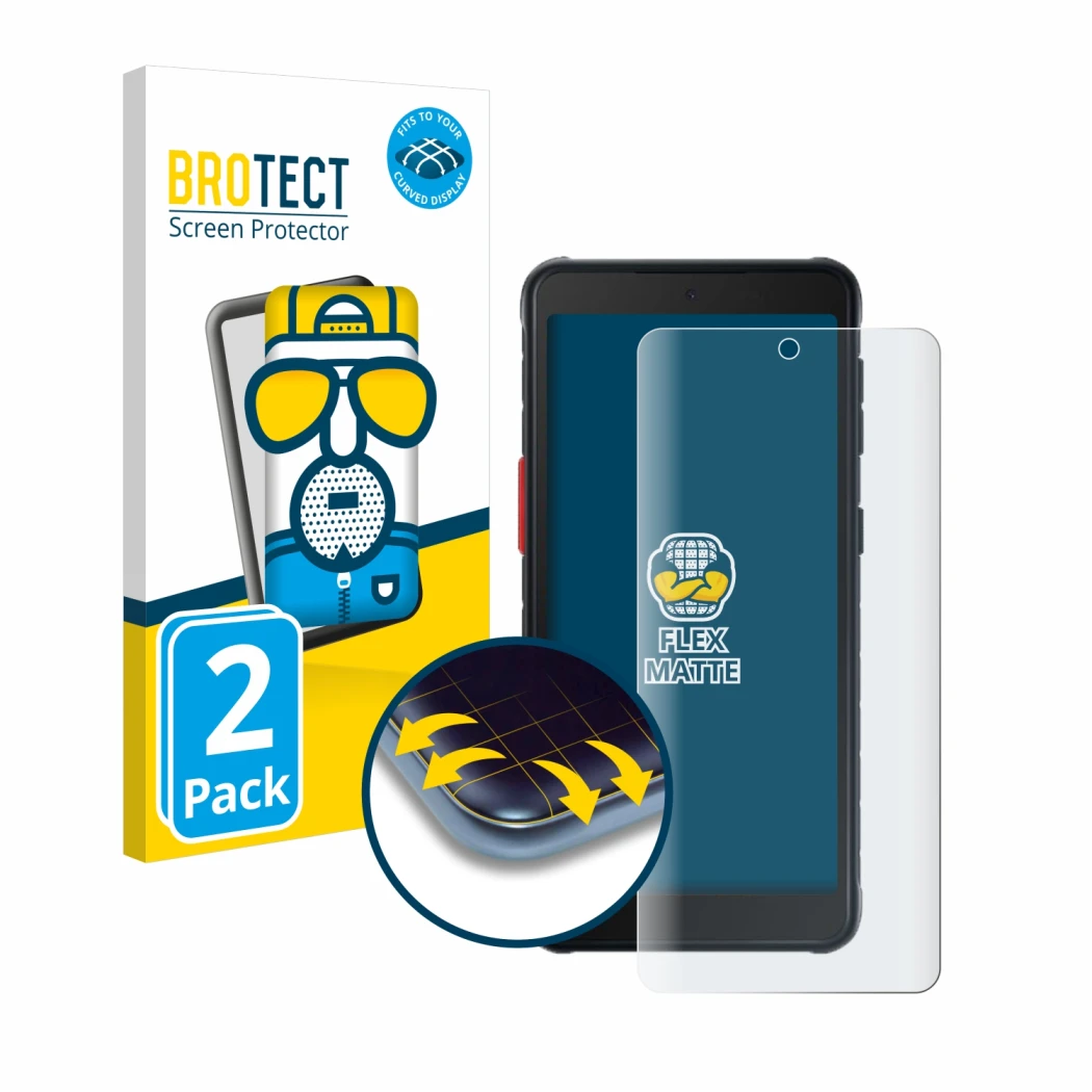 Front side of a product packaging with the brand logo BROTECT. Next to it is the device Samsung Galaxy XCover 5 Enterprise Edi