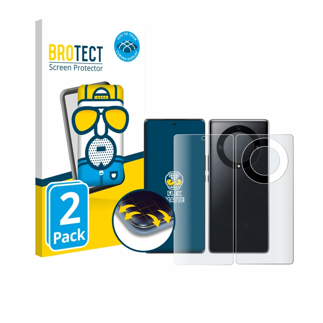 Front side of a product packaging with the brand logo BROTECT. Next to it is the device Honor Magic 5 Lite (Front+Back) shown 