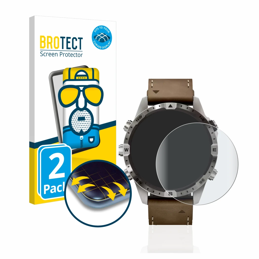 Front side of a product packaging with the brand logo BROTECT. Next to it is the device Garmin Marq Adventurer (Gen 2) shown w