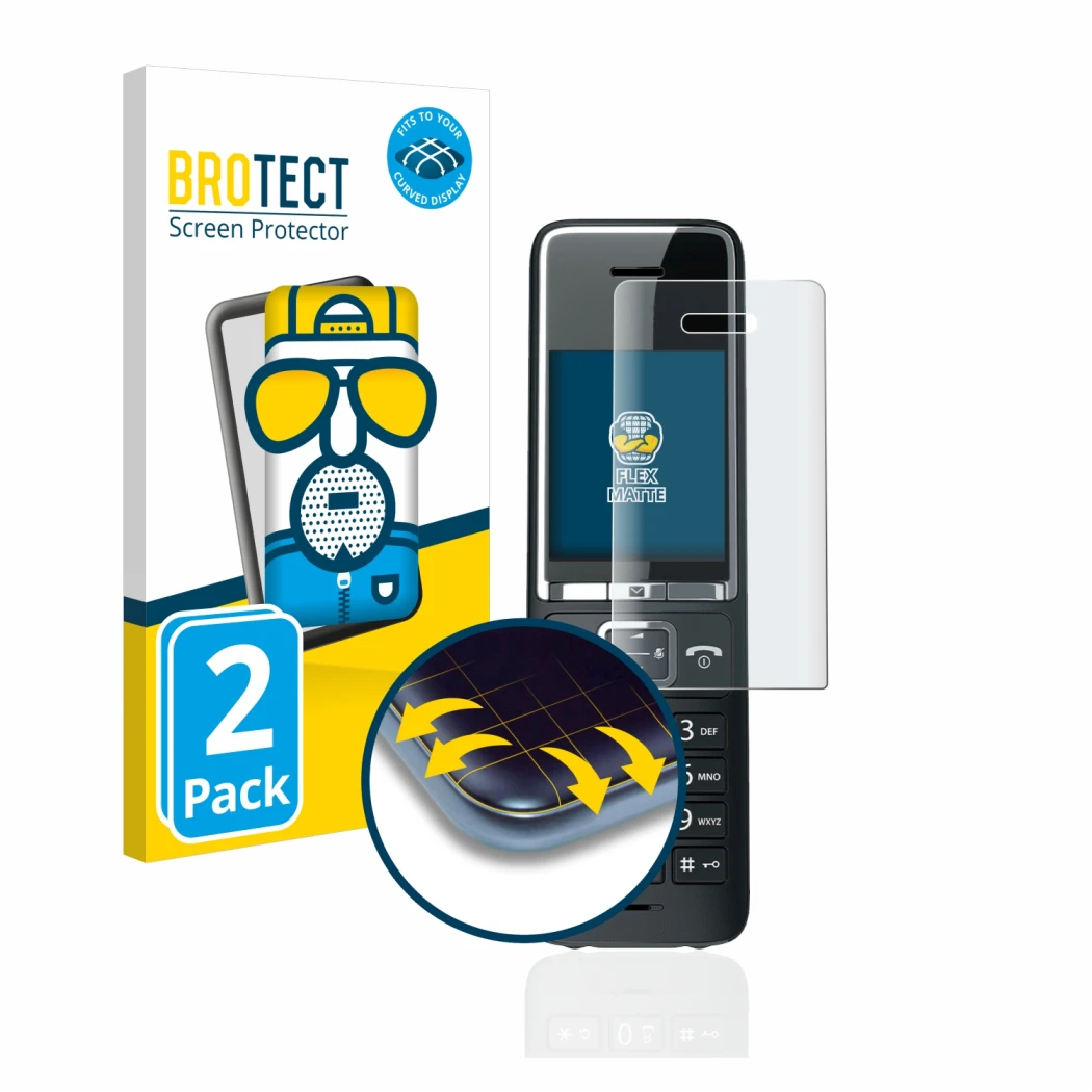 Front side of a product packaging with the brand logo BROTECT. Next to it is the device Gigaset COMFORT 550HX shown with the c