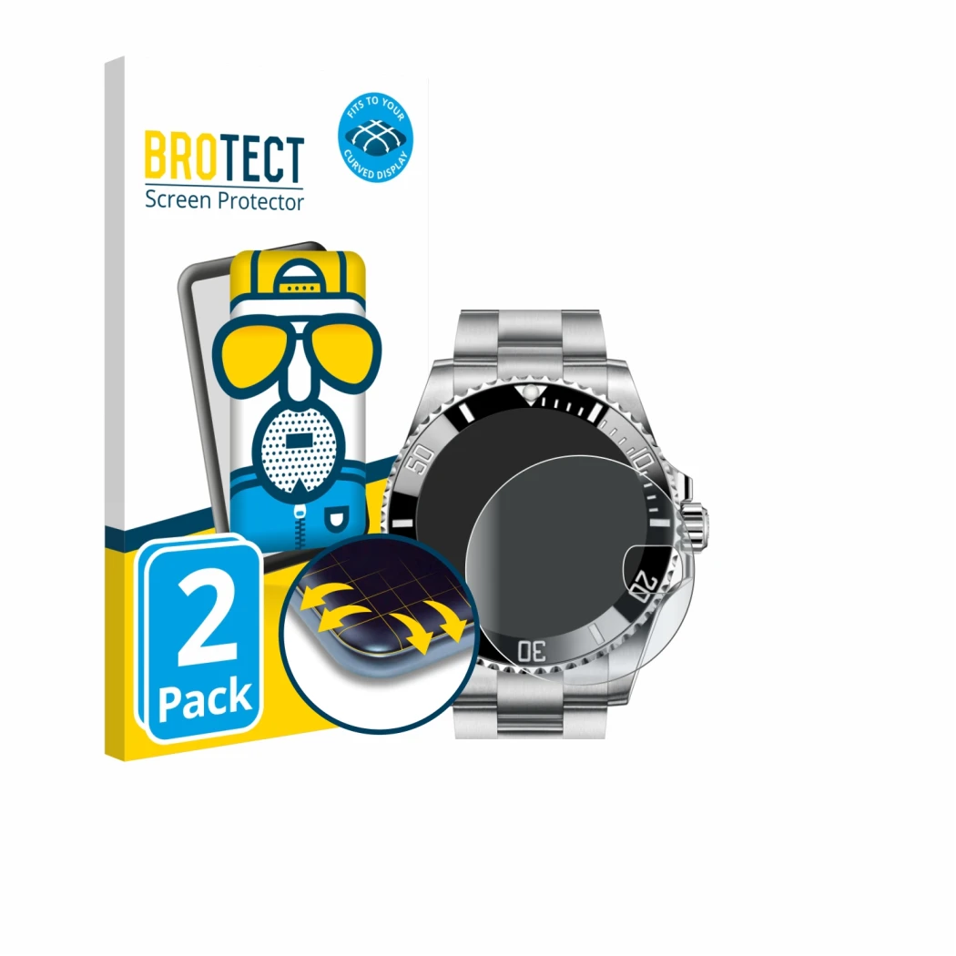Front side of a product packaging with the brand logo BROTECT. Next to it is the device Rolex Submariner 16610 (Date) shown wi