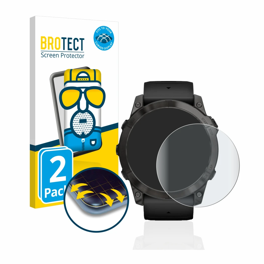 Front side of a product packaging with the brand logo BROTECT. Next to it is the device Garmin Epix Pro (Gen 2) (51 mm) shown