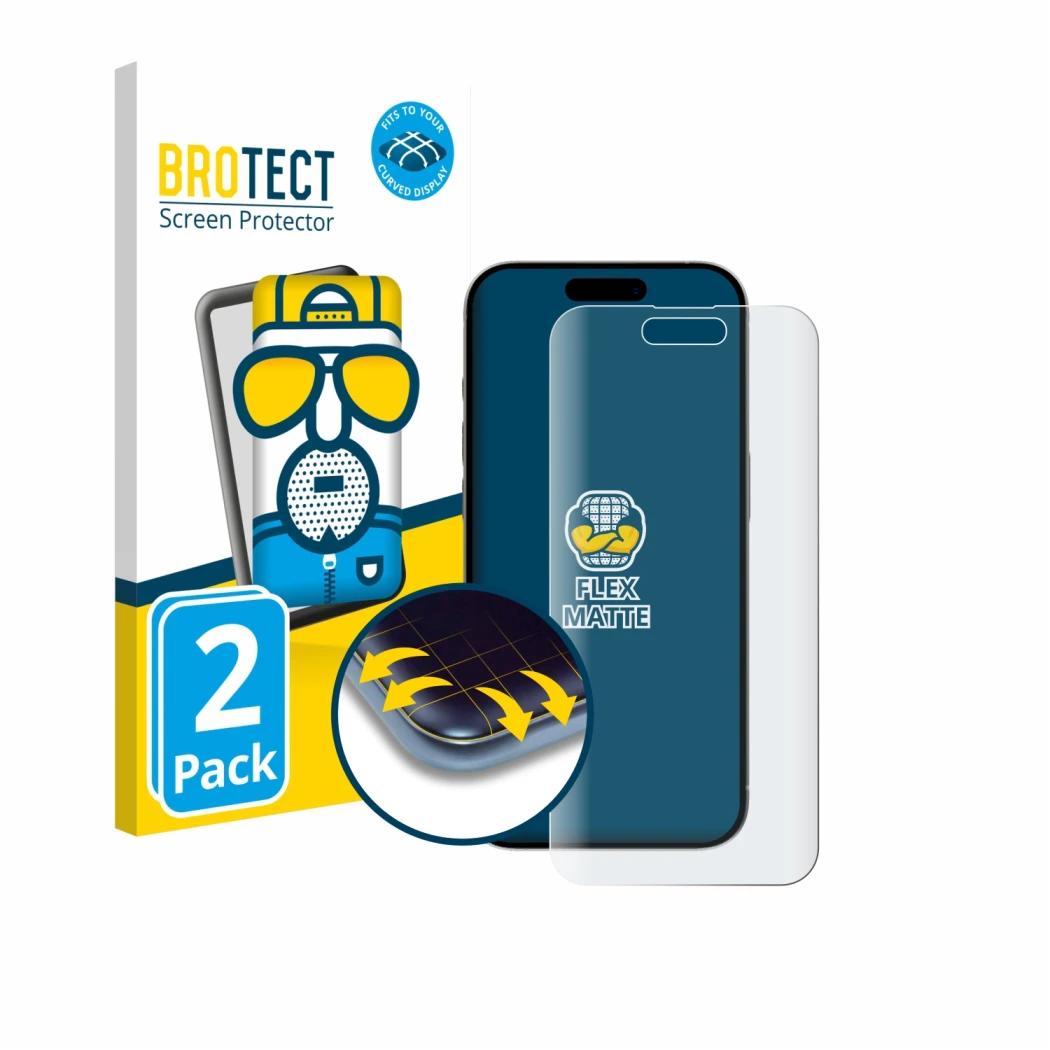 Front side of a product packaging with the brand logo BROTECT. Next to it is the device Apple iPhone 15 shown with the corresp